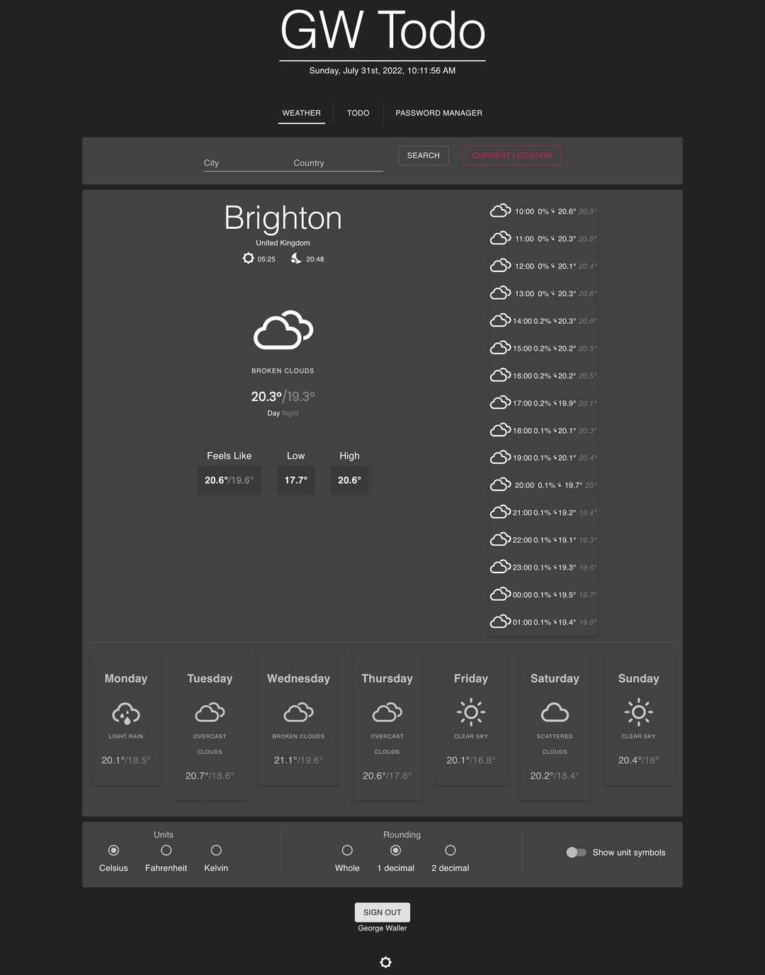 A screenshot of the weather page showing current weather data